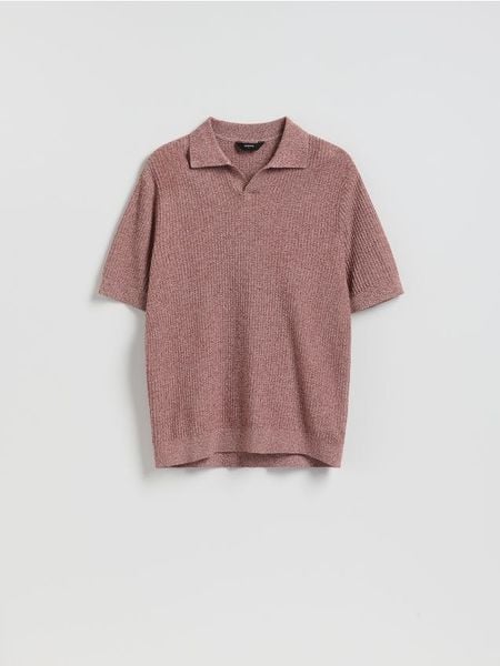Strukturalny sweter polo - czerwony. Czerwone swetry przez głowę męskie Reserved, l, bez wzorów, z bawełny, bez kołnierzyka. W wyprzedaży za 89.99 zł.