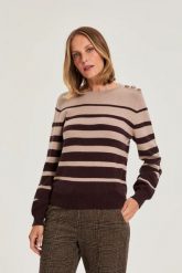 Sweter w paski beżowy. Brązowe swetry damskie MOODO, l, bez wzorów, z poliamidu, bez kołnierzyka, bez ramiączek, bez kaptura. Za 119.99 zł.