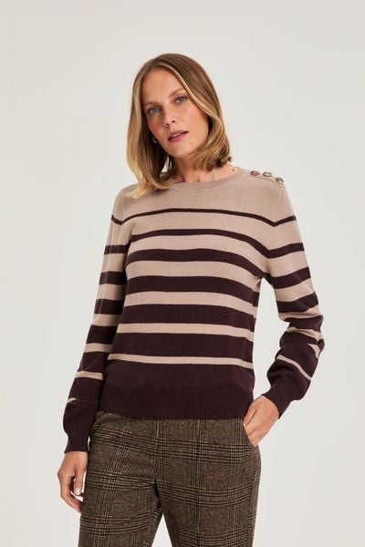 Sweter w paski beżowy. Brązowe swetry damskie MOODO, l, bez wzorów, z poliamidu, bez kołnierzyka, bez ramiączek, bez kaptura. Za 119.99 zł.