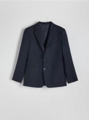 Marynarka slim fit z dodatkiem wełny - granatowy. Niebieskie marynarki męskie Reserved, bez wzorów, z tkaniny. W wyprzedaży za 279.99 zł.