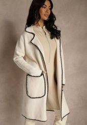 Beżowy Kardigan z Haftowaną Lamówką Tuscele. Brązowe swetry damskie Renee, s, bez wzorów, z jeansu, eleganckie, bez kołnierzyka, bez ramiączek, bez kaptura. Za 129.99 zł.