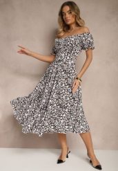 Czarna Rozkloszowana Sukienka w Kwiatowy Print z Bawełną i Dekoltem Łódką z Bufkami Saniren. Czarne sukienki damskie Renee, l, bez wzorów, z bawełny, eleganckie, bez kołnierzyka, bez ramiączek, midi, rozkloszowane. Za 49.99 zł.