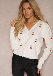 Biały Kardigan Ozdobiony Haftem w Kształcie Wisienek Nirinia. Białe kardigany damskie Renee, s, bez wzorów, z jeansu, eleganckie, bez kołnierzyka, bez ramiączek, bez kaptura. Za 119.99 zł.