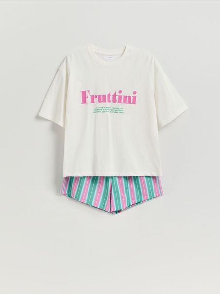 Dwuczęściowa piżama z nadrukiem - zielony. Zielone piżamy damskie Reserved, l, bez wzorów, z bawełny, bez ramiączek. W wyprzedaży za 45.99 zł.