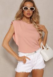 Różowy Top z Wiskozy z Falbanką przy Rękawach Tialora. Czerwone bluzki damskie Renee, m, bez wzorów, z wiskozy, bez kołnierzyka, bez ramiączek. Za 39.99 zł.