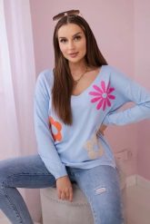Bluzka sweterkowa z kwiatowym wzorem niebieska. Niebieskie bluzki damskie KESI, l, bez wzorów, z jeansu, eleganckie, bez kołnierzyka, plus size, bez ramiączek, bez kaptura. Za 271.84 zł.
