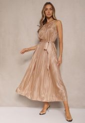Ciemnobeżowa Sukienka Plisowana z Paskiem w Talii na Cienkich Ramiączkach Wasea. Brązowe sukienki damskie Renee, na co dzień, m, bez wzorów, z jeansu, eleganckie, bez kołnierzyka, bez ramiączek, midi, plisowane. Za 74.99 zł.
