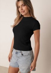 Czarny Gładki T-shirt z Wiskozy ze Stójką w Minimalistycznym Stylu Deleus. Czarne bluzki damskie Born2be, l, z aplikacjami, z jeansu, eleganckie, bez kołnierzyka. Za 39.99 zł.