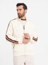 Męska bluza dresowa z wysokim kołnierzem i lampasami – kremowa V3 OM-SSZP-0219 - XXL. Białe bluzy męskie Ombre Clothing, l, z aplikacjami, z bawełny, bez kaptura. Za 143.99 zł.