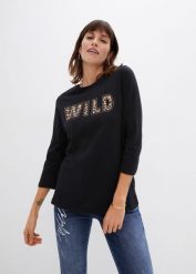 Shirt z długim rękawem z ćwiekami i nadrukiem. Czarne bluzki damskie bonprix, bez wzorów, bez kołnierzyka, bez ramiączek. Za 64.99 zł.