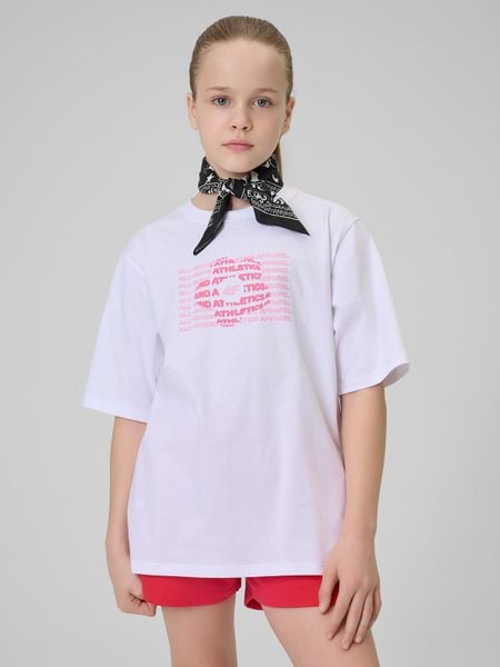 Дівочий t-shirt loose з принтом - білий. T-shirty damskie 4f, bez wzorów, bez kołnierzyka. Za 579.90 zł.
