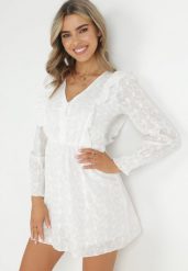 Biała Haftowana Sukienka z Gumką w Pasie i Trójkątnym Dekoltem Rinolusia. Białe sukienki damskie Born2be, l, bez wzorów, z bawełny, bez kołnierzyka, bez ramiączek, mini. Za 159.99 zł.