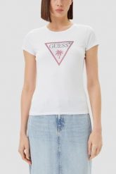 GUESS Biały damski t-shirt z logo z cyrkoniami Triangle Rhinestones, Rozmiar XL. Białe t-shirty damskie Guess, xl, z aplikacjami, eleganckie, bez kołnierzyka. Za 239.99 zł.