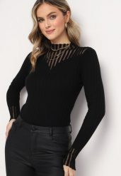 Czarny Golf z Przeźroczystymi Wstawkami Faelis. Czarne swetry damskie Born2be, z aplikacjami, z dzianiny, bez kołnierzyka, bez ramiączek, długie, bez kaptura. Za 54.99 zł.