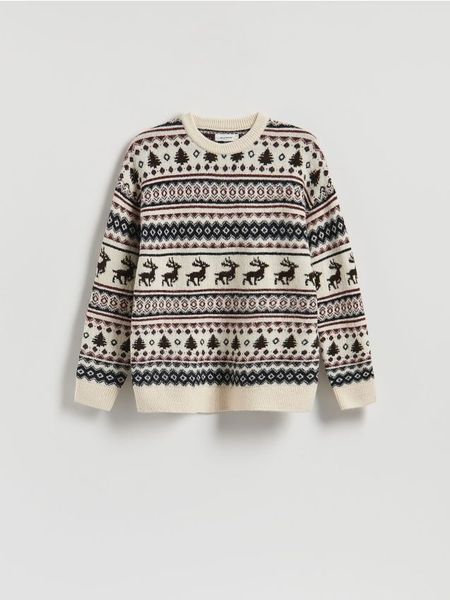 Sweter ze świątecznym motywem - wielobarwny. Swetry przez głowę męskie Reserved, l, bez wzorów, z dzianiny, bez kołnierzyka. Za 119.99 zł.