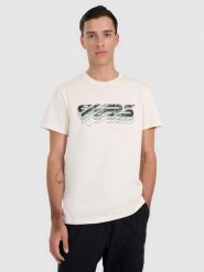 4F T-shirt regular z nadrukiem męski - biały M. Białe t-shirty męskie 4f, m, bez wzorów, ze skóry, bez kołnierzyka. W wyprzedaży za 59.99 zł.