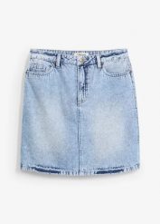 Spódnica dżinsowa mid waist, low stretch. Niebieskie spódnice damskie bonprix, bez wzorów, z denimu, mini. Za 74.99 zł.