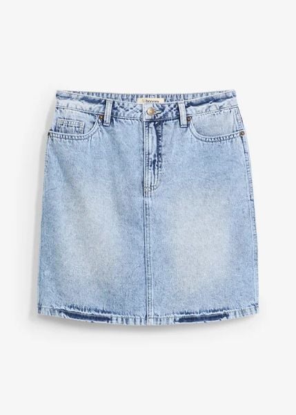 Spódnica dżinsowa mid waist, low stretch. Niebieskie spódnice damskie bonprix, bez wzorów, z denimu, mini. Za 74.99 zł.