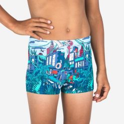 Bokserki pływackie dla dzieci Nabaiji Fitib East. Niebieskie kąpielówki dla chłopców Decathlon, bez wzorów, z elastanu. Za 24.99 zł.