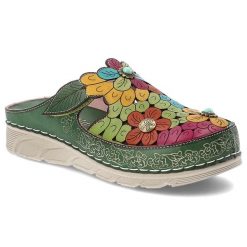 Klapki damskie Laura Vita, kwiatowa cholewka ze skóry naturalnej ozdobne aplikacje wygodna podeszwa codzienny letni fason, zielone, Dorry 22 AJ1819-B. Zielone klapki damskie Laura Vita, z aplikacjami, ze skóry, bez obcasa, bez zapięcia. Za 309.00 zł.