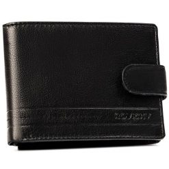 Duży, skórzany portfel męski w czarnym kolorze wyposażony w system RFID, zamykany zatrzaskiem - Rovicky. Czarne portfele męskie ROVICKY, bez wzorów, ze skóry. Za 59.99 zł.