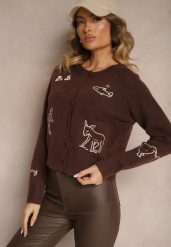 Ciemnobrązowy Kardigan z Wełną na Guziki z Haftowanym Wzorem Nelyra. Brązowe kardigany damskie Renee, uniwersalny, bez wzorów, z jeansu, eleganckie, bez kołnierzyka, bez ramiączek, bez kaptura. Za 159.99 zł.