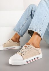 Beżowe Skórzane Trampki na Płaskiej Podeszwie ze Skórzaną Wkładką i Kontrastowym Noskiem Helili. Brązowe trampki i tenisówki damskie Born2be, bez wzorów, z jeansu, bez zapięcia. Za 169.99 zł.