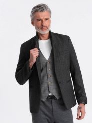 Stylowa żakardowa marynarka męska w delikatne prążki - grafitowa V1 - Rozmiar: S. Szare marynarki męskie Ombre Clothing, bez wzorów, z poliesteru, eleganckie. W wyprzedaży za 149.99 zł.