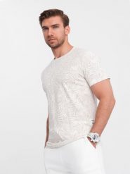 T-shirt męski fullprint w liście palmy - jasnobeżowy V1 OM-TSFP-0182 XL. Brązowe t-shirty męskie Ombre, m, bez wzorów, bez kołnierzyka. Za 196.65 zł.