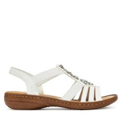 Sandały Rieker. Białe sandały damskie Rieker, bez wzorów, bez obcasa, na płaskiej podeszwie, bez zapięcia. Za 209.99 zł.