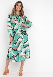 Zielona Sukienka Dynaia. Zielone sukienki damskie Born2be, na imprezę, s, bez wzorów, z materiału, eleganckie, bez kołnierzyka, bez ramiączek, midi, plisowane. Za 29.99 zł.