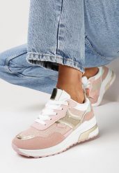 Różowe Sneakersy ze Złotymi Wstawkami i Brokatem oraz Cyrkoniami Avanalis. Czerwone obuwie sportowe damskie Born2be, bez wzorów. Za 99.99 zł.