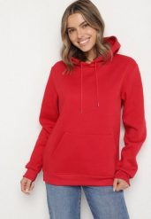 Czerwona Bluza z Kapturem i Kangurkową Kieszenią Envila. Czerwone bluzy męskie Born2be, l, bez wzorów, z jeansu, z kapturem. Za 59.99 zł.