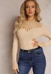 Beżowy Golf z Prześwitującymi Wstawkami Nirelle. Brązowe swetry damskie Renee, z aplikacjami, z dzianiny, bez kołnierzyka, bez ramiączek, bez kaptura. Za 49.99 zł.