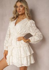 Jasnobeżowa Mini Sukienka o Rozkloszowanym Kroju z Falbankami i Marszczeniami Sealine. Brązowe sukienki dla dziewczynek Renee, bez wzorów, bez ramiączek. Za 139.99 zł.