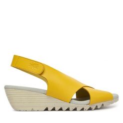 Sandały Fly London. Żółte sandały damskie Fly London, bez wzorów, bez obcasa, na koturnie, bez zapięcia. Za 420.99 zł.