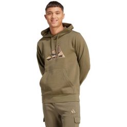 Bluza męska adidas Camo, polarowe wyściełanie, kaptur regulowany. Zielone bluzy męskie Adidas, m, bez wzorów, z bawełny, bez kaptura. Za 195.99 zł.