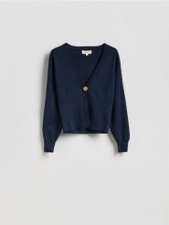 Kardigan z ozdobnym zapięciem - granatowy. Niebieskie kardigany damskie Reserved, l, bez wzorów, z dzianiny. Za 169.99 zł.