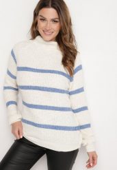 Beżowo-Niebieski Sweter z Wiskozą w Paski Dintia. Niebieskie swetry damskie Born2be, uniwersalny, bez wzorów, z jeansu, eleganckie, bez kołnierzyka, bez ramiączek, długie, bez kaptura. Za 64.99 zł.