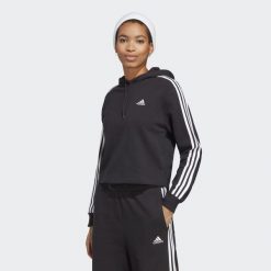 Essentials 3-Stripes French Terry Crop Hoodie. Białe bluzy sportowe damskie Adidas, m, bez wzorów, z materiału, z kapturem, na fitness i siłownię. Za 199.00 zł.