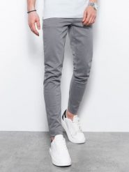 Spodnie męskie chinosy SLIM FIT - szare V25. Szare eleganckie spodnie męskie Ombre Clothing, m, bez wzorów, z bawełny. W wyprzedaży za 69.99 zł.