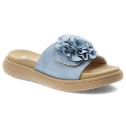 Niebieskie Klapki Rieker Wygodne Obuwie Damskie Z Kwiatem. Niebieskie klapki damskie Rieker, bez wzorów, bez obcasa. Za 287.90 zł.