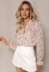 Jasnobeżowa Koszula w Kwiaty ze Stójką Falbankami i Połyskującym Zdobieniem Blemia. Brązowe bluzki damskie Renee, l, z aplikacjami, eleganckie, bez kołnierzyka, bez ramiączek. Za 89.99 zł.
