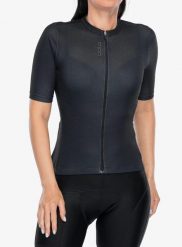 Koszulka kolarska damska Odlo Essential T-Shirt S/U Collar S/S Full Zip. Czarne t-shirty damskie Odlo, l, bez wzorów, z elastanu, bez kołnierzyka. Za 229.99 zł.