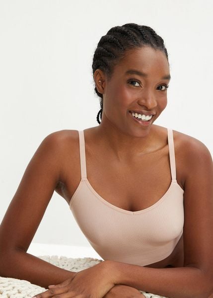Biustonosz bustier bezszwowy Feel Comfort w prążek. Niebieskie biustonosze bonprix, bez wzorów, prążkowane. Za 64.99 zł.