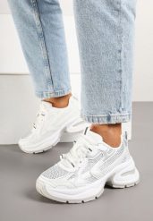 Białe Sneakersy Streetwearowe na Grubej Podeszwie Zdobione Brokatem Felanwea. Białe obuwie sportowe damskie Born2be, z aplikacjami, z jeansu. Za 109.99 zł.
