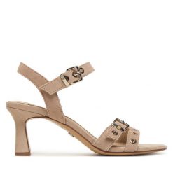 Sandały Tamaris. Brązowe sandały damskie Tamaris, bez wzorów, bez obcasa, na słupku, bez zapięcia. Za 329.99 zł.