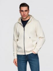 Męska bawełniana bluza dresowa BASIC rozpinana z kapturem - kremowa V11 - Rozmiar: XL. Białe bluzy męskie Ombre Clothing, m, z aplikacjami, z bawełny, z kapturem. Za 189.99 zł.