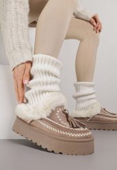 Ciemnobeżowe Śniegowce na Grubej Podeszwie z Haftem i Futerkiem Ezilune. Brązowe śniegowce i trapery damskie Born2be, z jeansu. Za 99.99 zł.