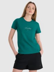 4F T-shirt regular z nadrukiem damski - turkusowy S. Niebieskie koszulki sportowe damskie 4f, s, bez wzorów, z bawełny, bez kołnierzyka, bez ramiączek. W wyprzedaży za 39.99 zł.
